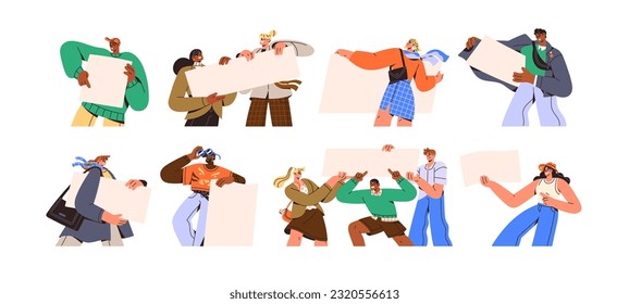 Happy people holding blank banners, placards, boards. Men, women showing, demonstrating with empty poster backgrounds in hands. Ad, message presentation. Flat vector illustrations isolated on white