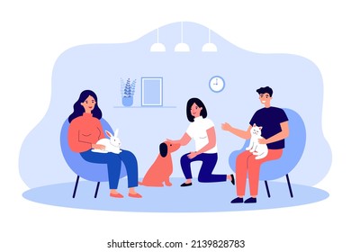 Happy people holding cat and bunny, hugging dog. Male and female owners loving pets flat vector illustration. Leisure, love to animals, adoption concept for banner, website design or landing web page