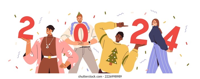 Happy people holding festive 2024 numbers for New Year celebration. Smiling men, women team, group celebrating winter holiday at newyear party. Flat vector illustration isolated on white background