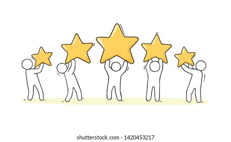 Happy people holding five golden stars. Doodle cute illustration about the product quality. Isolated vector Idea of feedback and review.
