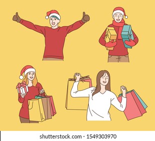 Happy people holding gift boxes and shopping bags. hand drawn style vector design illustrations. 