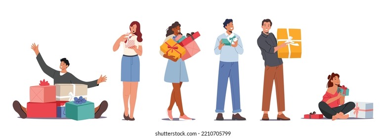 Gente feliz sosteniendo cajas de regalo para Navidad, Año Nuevo, Cumpleaños o Celebración del Día del Boxeo. Personajes Hombres y Mujeres con Regalos de Fiesta Aislados en Fondo Blanco. Ilustración del vector de dibujos animados