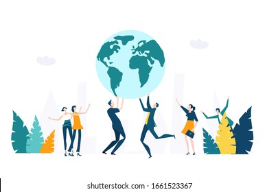 Happy people holding globe up. 