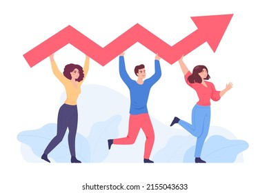 Happy people holding growing arrow flat vector illustration. Man and women working together. Teamwork, development, success, growth, career, progress, evolution concept