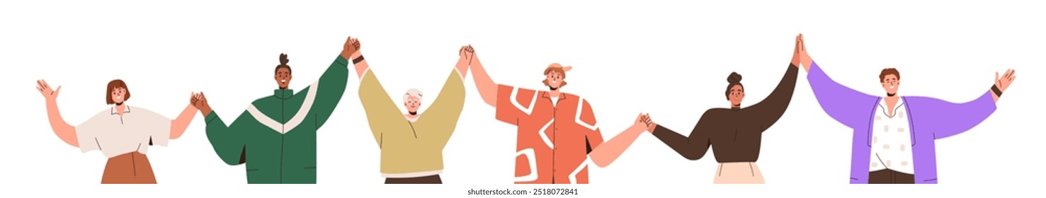 Happy people holding hands, arms up together. Group, community, team, united society, friends in support, connection. Togetherness concept. Flat vector illustration isolated on white background