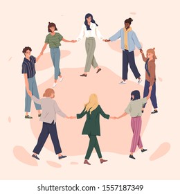 Happy people holding hands together flat vector illustration. Adult men and women standing in circle cartoon characters. Cheerful friends perform round dance. International togetherness concept.
