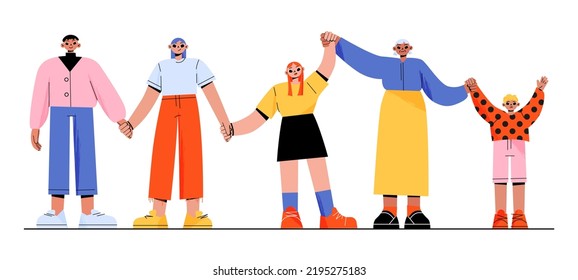 Happy People Holding Hands Together. Senior, Adult, Young And Kids Characters Group Togetherness, Happiness, Friendship Concept With Men And Women Unity Stand In Row Line Art Flat Vector