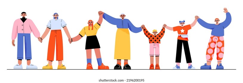 Happy People Holding Hands Together. Senior, Adult, Young And Kids Characters Group Togetherness, Happiness, Friendship Concept With Men And Women Unity Stand In Row Line Art Flat Vector