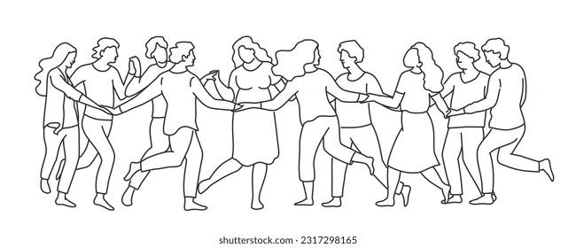Happy people holding hands together. Hand drawn vector illustration.
