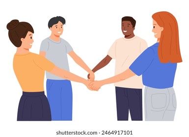 Happy people holding hands together flat vector illustration. Adult men and women standing in circle cartoon characters. Cheerful friends perform round dance. International togetherness concept.