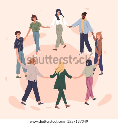 Happy people holding hands together flat vector illustration. Adult men and women standing in circle cartoon characters. Cheerful friends perform round dance. International togetherness concept. Stock fotó © 