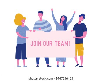 Happy people holding hiring banner, recruitment concept with people characters, agency interview, join our team. Template for web landing page, presentation, social media. Vector illustration