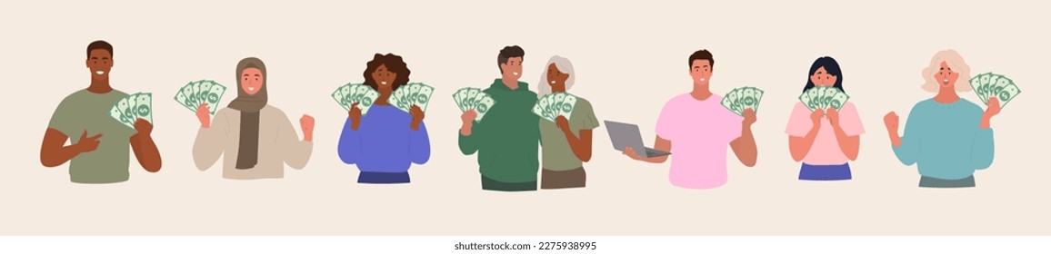 Happy people holding money. Cash. Dollars. Vector