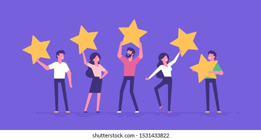 Happy People Are Holding Review Stars Over Their Heads. Five Stars Rating. Customer Review Rating And Client Feedback Concept. Modern Vector Illustration.