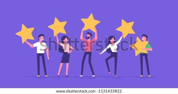 Happy people are holding review\
stars over their heads. Five stars rating. Customer review rating\
and client feedback concept. Modern vector\
illustration.