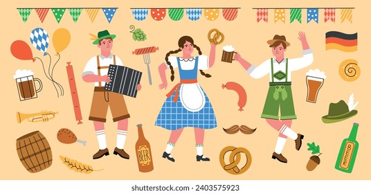 Fröhliche Menschen und Urlaubselemente. Oktoberfest Bierparty-Objekte, süße tanzende Jungen und Mädchen in traditionellen bayerischen Kostümen, Vektorset.eps
