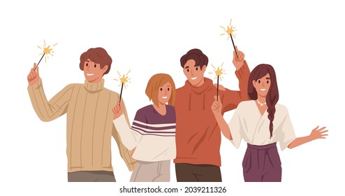 Happy people with holiday sparklers in hands. Portrait of friends holding burning firework sticks with glowing lights, celebrating Christmas. Flat vector illustration isolated on white background