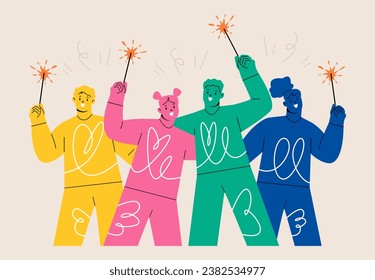 Happy people with holiday sparklers in hands. Celebrating christmas. Colorful vector illustration