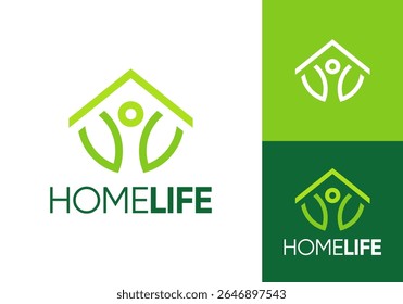 happy people and home logo. life leaf house real estate building vector design concept	
