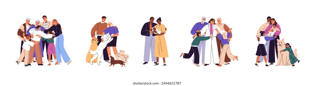 Happy people hug set. Big family rejoices to reunion. Parents, grandparents and kids cuddle together. Mother and father love, hold baby. Girl embraces pet. Flat isolated vector illustrations on white