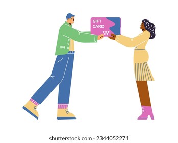 Happy people with huge gift card flat style, vector illustration isolated on white background. Modern holiday present, decorative design element, smiling young man and woman, giving gift