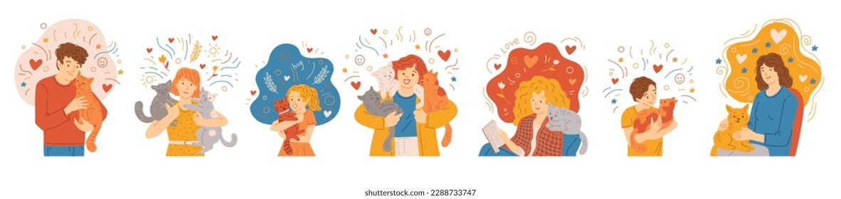 Happy people hugging with cute cats, set of cartoon flat vector illustrations isolated on white background. Adult men and women and children cuddling with cheerful kitten. Animal shelter and adoption.