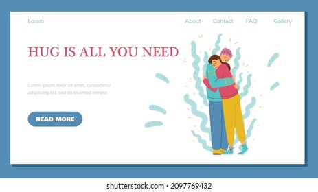 Happy people hugging and embracing, landing page template flat vector illustration. Web banner with man and woman cuddling and hug is all you need text.