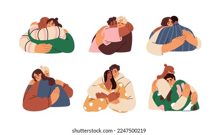 Happy people hugging set. Friends, couples, families embracing, cuddling. Love, support and trust in different relationships concept. Flat graphic vector illustrations isolated on white background