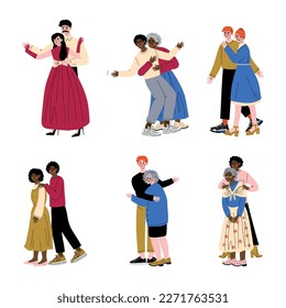 Happy people hugging set. Men and women of different ages and nationalities hugging cartoon vector illustration