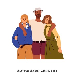 Happy people hugging together, family portrait. Smiling interracial friends standing, embracing. Bonding good relationship, support concept. Flat vector illustration isolated on white background