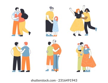 Happy people hugging vector illustrations set. Friends, couples, family members of different race, age and religion cuddling and supporting each other. Diversity, relationship, love concept