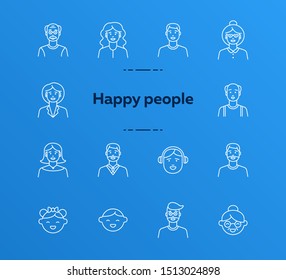 Happy people icons. Set of line icons on white background. Teenage boy, grandmother, grandfather. People concept. Vector illustration can be used for topics like application, lifestyle, family