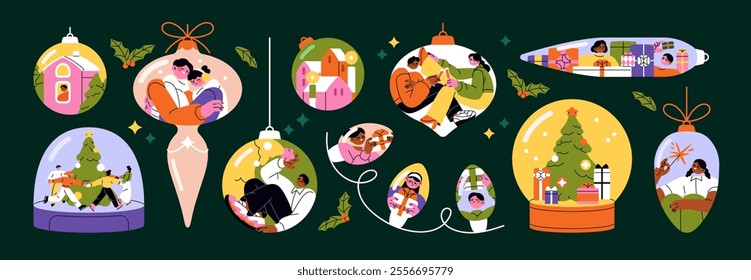 Happy people inside Christmas ornaments set. Decorations with couples, Xmas tree, gifts: balls, snow globe, garland, mistletoe. Winter holiday celebration concept. Flat isolated vector illustrations