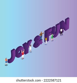 Happy people with joy and fun header isometric 3d vector illustration concept for banner, website, illustration, landing page, flyer, etc.