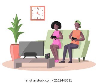 Happy people with joysticks in hands. Couple playing video game at tv screen. Friends relaxing, playing games at home sitting at sofa. Indoors activity, hobby, recreation, leisure time concept