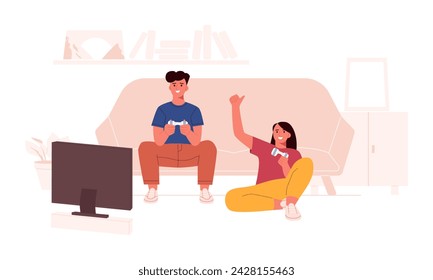 Happy people with joysticks in their hands playing video games at home. Vector illustration in flat style