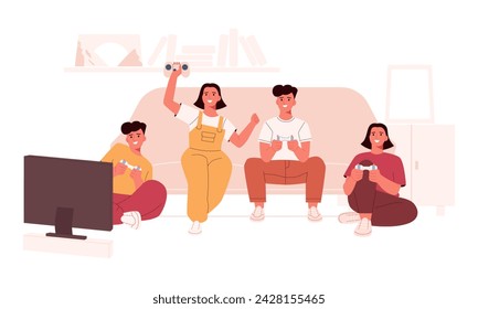 Happy people with joysticks in their hands playing video games at home. Enjoy your time at home. Vector illustration in flat style