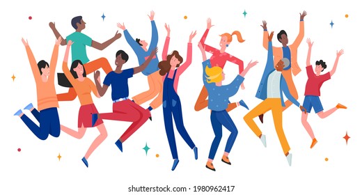 Happy people jump, enjoy and celebrate victory vector illustration. Cartoon excited teen characters jumping, young positive students have fun together, girls and boys friends dance isolated on white