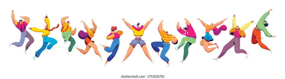 Happy people jump, fun and celebration group of people concept and vector illustration on white background. Female and male characters jump, company of people rejoices victory. Cartoon style.