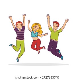 Happy people jump illustration. Funny friends get pleasure from life.