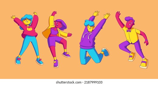 Happy people jump with raised arms, contemporary characters feel positive emotions, rejoice, celebrate victory or success. Laughing teenagers, millenial hipster, Line art cartoon vector illustration