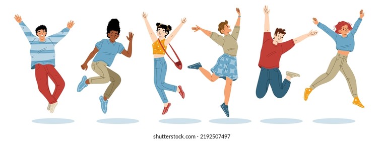 Happy people jump with raised arms, cheerful characters feel positive emotions, rejoice, celebrate victory or success. Laughing teenagers, millenial personages, Line art flat vector illustration