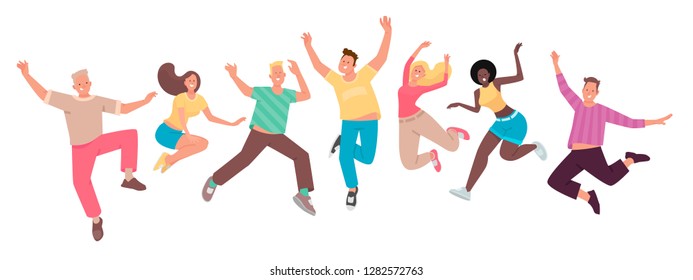 Happy people jump. A set of funny characters. Youth. The concept of happiness, joy and success. Vector illustration in flat style.