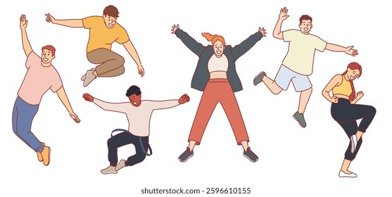 Happy people jump up. Energetic young men and women, positive emotions, joy of success, cheerful characters, laughing friends in active pose, cartoon flat style isolated decent vector set