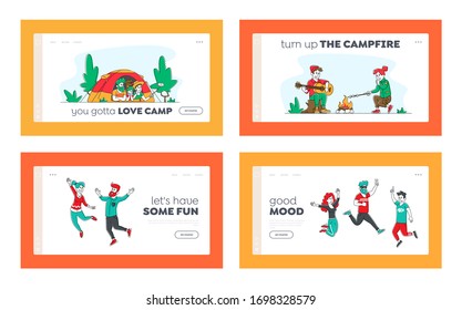 Happy People Jumping, Characters Backpacking Hobby Landing Page Template Set. Group of Friends Company Jumping with Hands Up. Happy Family in Camping Tent, Couple at Fire. Linear Vector Illustration