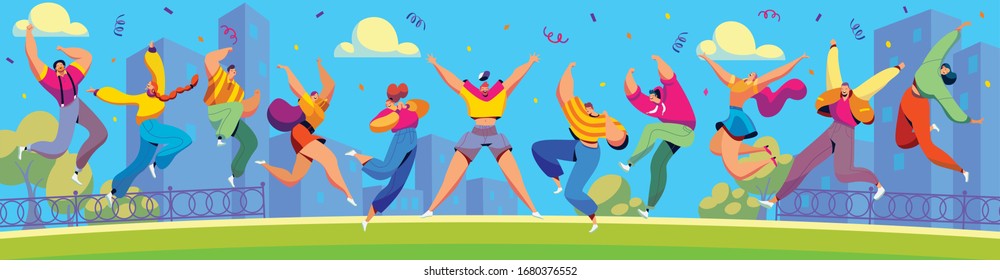 Happy people jumping in city, cartoon characters celebrating together, vector illustration. Men and women jumping and dancing, positive emotions. Excited cheerful people celebrating summer party