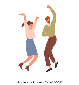 Happy people jumping and dancing from joy and happiness. Couple of positive energetic office workers celebrating success and victory. Colored flat vector illustration isolated on white background