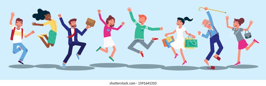 Happy people jumping flat characters set. Cheerful young woman, grandfather isolated on blue background. Smiling excited men in casual clothes. Happiness gesture. Joyful, carefree male, female