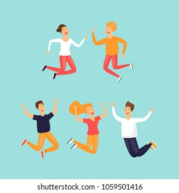 Happy people are jumping. Flat design vector illustration.