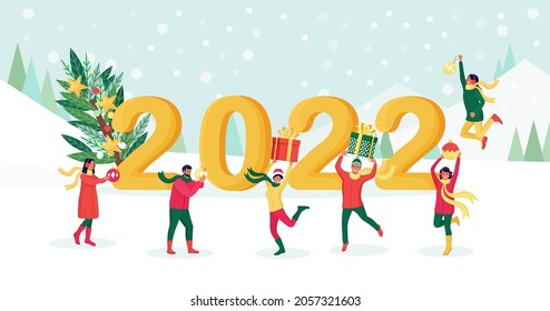 Happy people jumping with gift boxes, decoration balls, baubles with numbers 2022 on background. Friends wish Merry Christmas and happy New Year. Holiday greeting. Cheerful people celebrating xmas